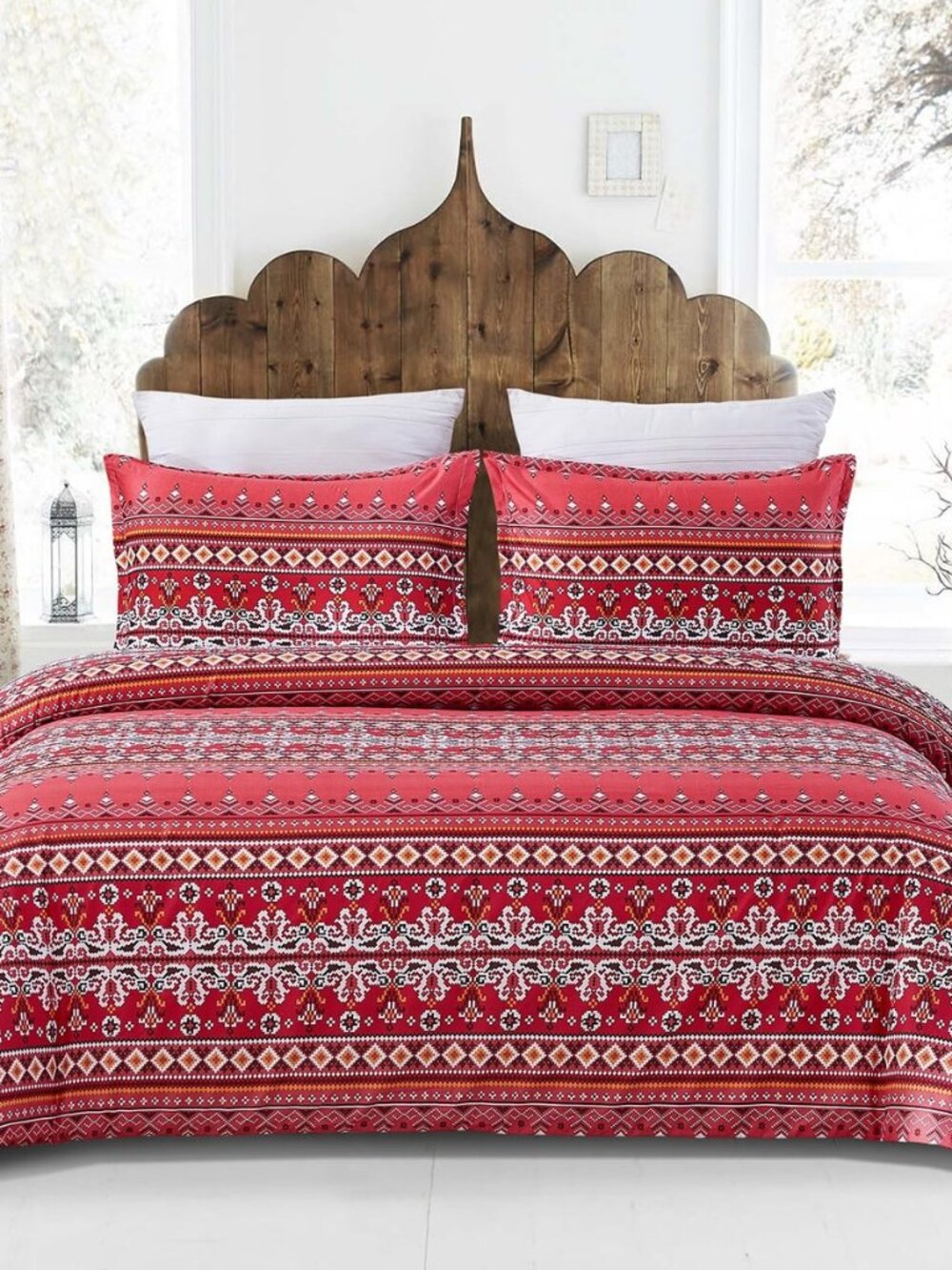 Red Duvet Cover King Size, Boho Duvet Cover Set with Zipper Closure, 3Pcs